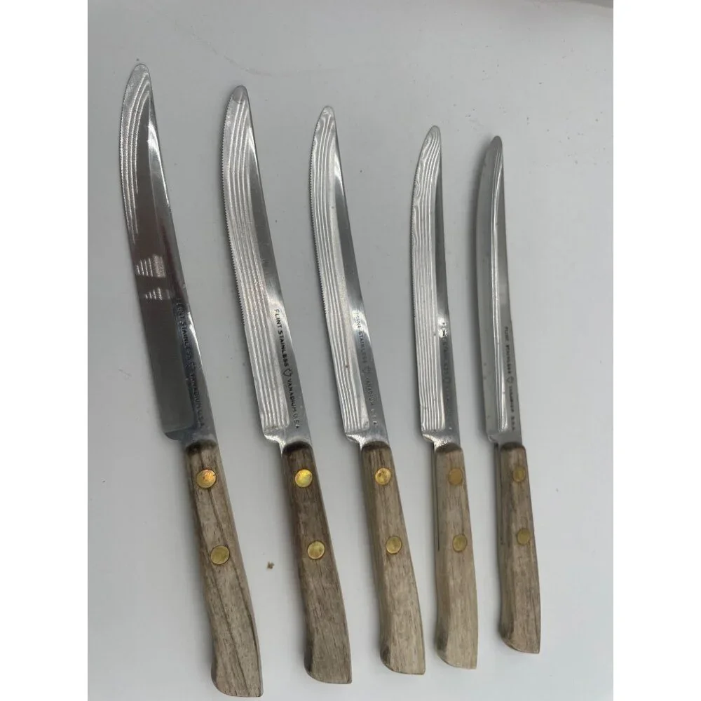 Vintage Flint Stainless Steel Steak Knife Set With Wood Block Holder